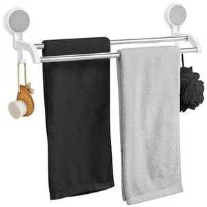 Suction Cup Double <b>Towel</b> Bar Wall Mounted No Drill Bathroom <b>Towel</b> Rack Stainless Steel Dual Rod Holder with Hanging Side <b>Hooks</b> - Product Image 1