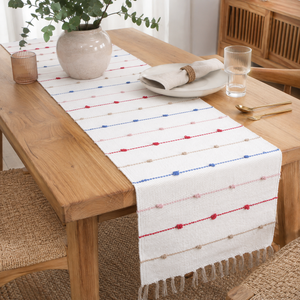 Handwoven Cotton <b>Table</b> <b>Runner</b> with Colorful Knots & Tassel Fringe – Boho Woven <b>Dining</b> <b>Table</b> Decor - Product Image 2