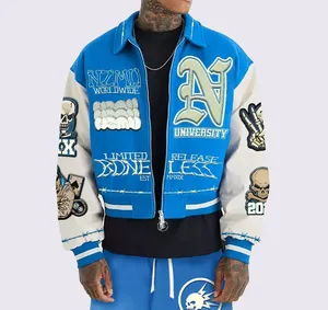 Blouson universitaire en cuir pour homme, tendance Y2K, pour sports d'hiver, style décontracté urbain, brodé, touche mode, 100% laine, vente en gros - Product Image 5