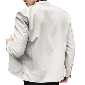 Men's Premium White Genuine Leather <b>Biker</b> <b>Jacket</b> Stand Collar Slim Fit Motorcycle <b>Jacket</b> with Zipper Pockets Casual Fashion - Product Image 3