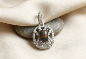 Collier pendentif en opale d'Éthiopie naturelle, en argent 925, opale de feu ronde avec halo de zircon blanc, style italien, bijoux en argent - Product Image 2