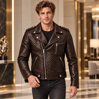 Jaket Kulit Pria Cokelat Tua Bermotif Kulit Ular, Bernapas, untuk Musim Dingin, Gaya Biker |   Jaket Motor Kerah Lapel Kantong Resleting
