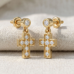 Pendientes colgantes de cruz de oro de 14 quilates con diamantes, rosca interna para cartílago de la oreja - Product Image 4