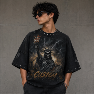 Custom Gothic <b>Skull</b> Statue Printed T Shirt Oversized Men's Crop <b>Top</b> O-Neck Rivet Detail Black Cotton T-Shirt T Shirt For Unisex - Product Image 5