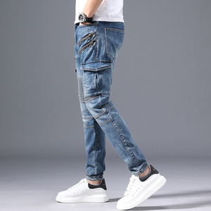 Nuevos Jeans Cargo de Mezclilla Premium para Hombre, Corte Slim, Lavado a la Piedra, con Cierres, Estilo Moto, Cintura Media, Transpirables, de Algodón, para Otoño - Product Image 3
