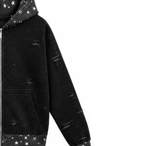 <b>Vintage</b> Acid Wash Black Zip Up Hoodie <b>Oversized</b> Distressed Star Print Streetwear Unisex Hooded <b>Sweatshirt</b> - Product Image 6