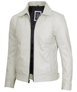 <b>Mens</b> Shirt Collar <b>White</b> Leather <b>Jacket</b> - Product Image 2