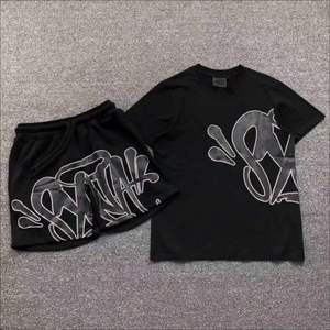 Custom Breathable Polyester/Cotton Mens Summer Two Piece Set Embroidered Crew Neck T Shirt Jogger Shorts Raw Hem Streetwear - Product Image 1