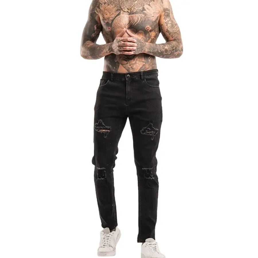 Nieuwe Groothandel Niet-Gescheurde Skinny Gescheurde Heren Gewassen Stretch Zwarte Ademende Jeans Broek Voor Heren