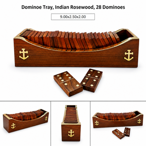 Handmade Indian Rosewood Dominoes Tray with 28 Dominoes | Wooden Game Set Brass Inlay | Luxury Storage Display Case Organizer - Product Image 3