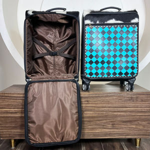 Latest Pattern 2026 Hand Tooled Cowhide Leather Checkered Luggage Bag Handmade Western Style Travel <b>Suitcase</b> with Spinner Wheels - Product Image 5