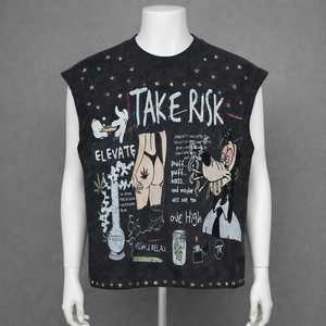 OEM custom t-shirt manufacturer men's acid-washed oversized 100% cotton crew neck custom logo print rhinestone streetwear vest - Product Image 3