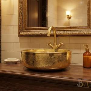 Lavabo de salle de bain décoratif de luxe en laiton, bord festonné, finition martelée, pour hôtel, villa et décoration intérieure - Product Image 3