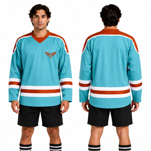 Jersey de Hockey sobre Hielo Retro Personalizado, Uniforme de Equipo Azul Cielo y Naranja, Ropa de Hockey Sublimada OEM - Product Image 1