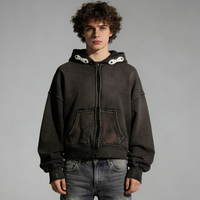 Sweat à capuche personnalisé brodé avec blocs de couleur, style streetwear décontracté, veste zippée intégrale délavée à l'acide, mélange de coton respirant