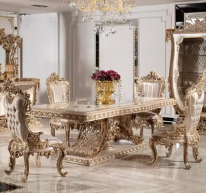 ชุดโต๊ะรับประทานอาหารไม้สักทรงสี่เหลี่ยมผืนผ้าสีทองหรูหราสไตล์ยุโรป พร้อมเฟอร์นิเจอร์แกะสลักสำหรับห้องรับประทานอาหาร ผลิตในอินโดนีเซีย - Product Image 4