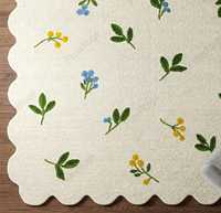 Blumiger Skandinavischer Wollteppich Creme Grüne Blätter Gelbe Blaue Blumen Handgetufteter Plüschteppich mit Hohem Flor Umweltfreundlich Haustierfreundlich
