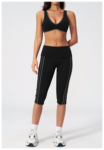 Black 2 Piece Yoga Set Deep V Neck Racerback <b>Crop</b> <b>Top</b> High Waist Flared Pants Side Stripe Contrast Binding Seamless Breathable - Product Image 3