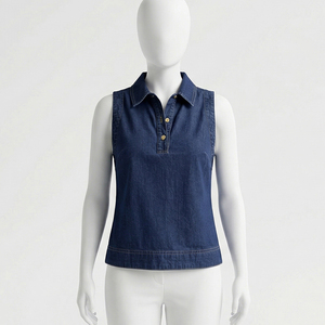 เสื้อเชิ้ตแขนกุดผ้ายีนส์สีเข้มสำหรับผู้หญิง ยี่ห้อ Harry Johnson Production คอปกติดกระดุมด้านหน้า แบบเรียบง่าย สไตล์ลำลอง สำหรับฤดูร้อน - Product Image 1