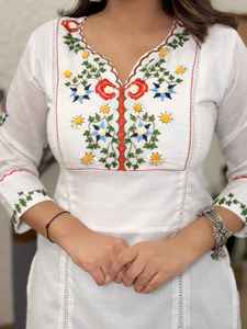 <b>Women</b> Traditional Cotton <b>Kurta</b> Pant Set White Embroidered Casual Wear India Pakistan Regular Fit Knee Length All Seasons - Product Image 3