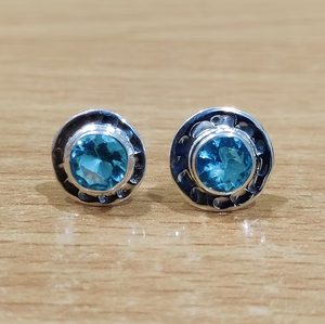 Trendy Ocean <b>Blue</b> Gemstone <b>Stud</b> <b>Earrings</b> 925 Silver Round Cut Elegant Everyday Jewelry - Product Image 2