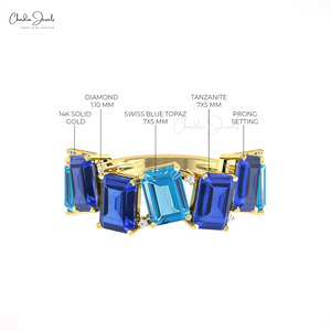 Anillo de media eternidad con topacio azul suizo y tanzanita de corte octogonal de 7x5 mm, en oro fino de 14k, anillo de cóctel con diamantes, de proveedores verificados - Product Image 6