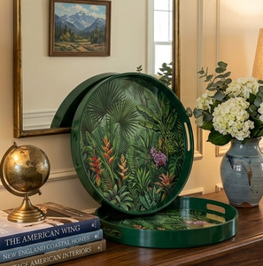 Plateau de service rond en laque verte avec motif floral tropical et poignées pour la décoration de la maison - Product Image 4