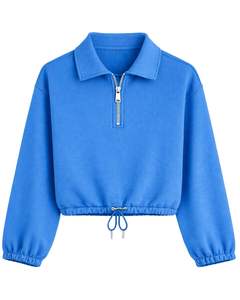 Sweat-shirt à capuche personnalisé bleu pour femme, coupe courte, avec fermeture éclair quart de tour, en molleton, décontracté, avec cordon de serrage à l'ourlet, en coton et polyester doux, pour l'hiver - Product Image 1