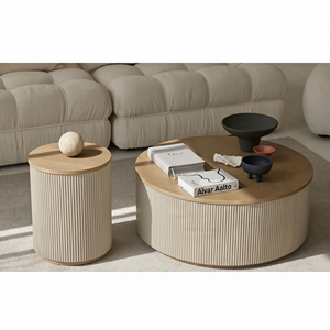Minimalist Wood Coffee <b>Table</b> Set <b>Round</b> Nesting Design Ribbed Texture Modern Living Room Furniture <b>Side</b> <b>Table</b> - Product Image 4