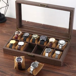 Boîte de présentation pour montres en bois, 12 emplacements, étui de rangement pour montres-bracelets, couvercle en verre, repose-montres en velours pour vitrine de magasin - Product Image 1