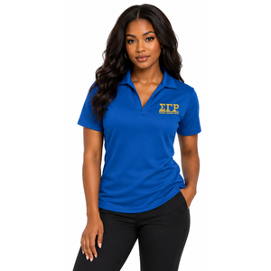 Camiseta Polo Azul Rey de Manga Corta con Cuello en V de Sigma Gamma Rho, con Estampado de Letras Griegas Amarillas en el Pecho, Ropa Casual de Hermandad - Product Image 1