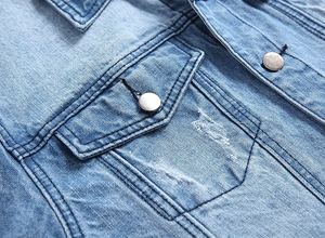 Men's <b>Light</b> Blue Denim <b>Jacket</b> Casual Spring Cotton Turn-down Collar Single Breasted Regular Fit Washed Style Frayed Details - Product Image 3
