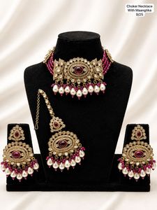 Gold Plated Zinc Alloy Choker Necklace Maangtika Earring <b>Set</b> Imitation <b>Pearl</b> Channel Setting for Women Wedding <b>Jewelry</b> - Product Image 4