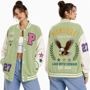 Chaquetas Varsity Extra Grandes para Mujer con Parches Bordados, Tela Satinada Estampada, Hombros Caídos, Corte Holgado, Mangas de Cuero Teñido - Product Image 6