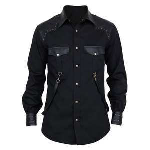 Black Gothic Long Sleeve <b>Shirt</b> Faux Leather <b>Patchwork</b> Button Down Punk Studded <b>Shirt</b> with D-Ring Hardware & Pockets - Product Image 1