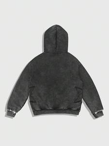 Sudadera con capucha para hombre, negra lavada, con ribete de pedrería, con cremallera, corta, oversize, de forro polar grueso, estilo streetwear, con hombros caídos, cordón y bolsillo frontal - Product Image 3
