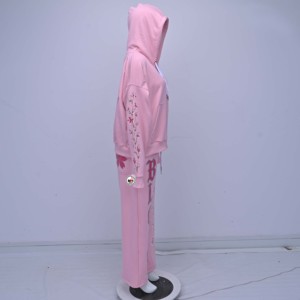 Ensemble de survêtement rose pour femme avec broderie florale, coupe ample, décontracté, sweat-shirt zippé et pantalon à motif floral - Product Image 3