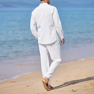 Conjunto Casual de Dos Piezas de Algodón y Lino para Hombre, Camisa de Manga Larga y Pantalón Largo de Color Sólido para Otoño, Traje Holgado para Vacaciones en la Playa - Product Image 2