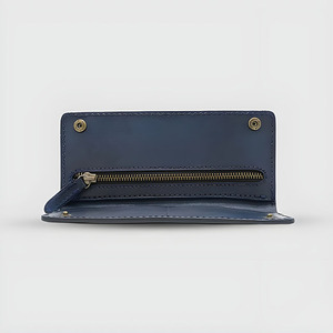 Portefeuille long à deux volets en cuir véritable pour hommes, porte-cartes bleu avec poche à fermeture éclair, portefeuille élégant à fermeture à pression - Product Image 2
