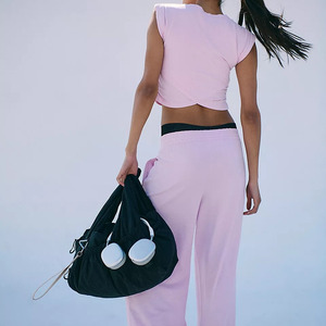 Conjunto Deportivo de 2 Piezas para Mujer, Color Rosa, Top Corto sin Mangas con Dobladillo Cruzado, Pantalones Largos de Cintura Alta, Transpirables, Tejidos, para Entrenamiento - Product Image 2