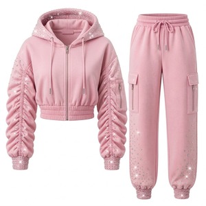 Custom <b>Pink</b> Ruched Sleeves With Rhinestone Tracksuit Cropped Zip Up <b>Hoodie</b> Cargo Jogger Pant Two Piece Sweatsuit Women Outfit - Product Image 1