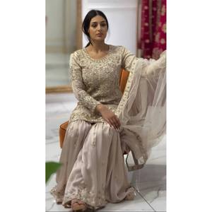 ZSR Designer <b>Beige</b> Party Wear Top with Fancy Dupatta and Gharara XL Size Elegant Stylish - Product Image 5