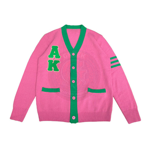 Cardigan personnalisé Alpha Sorority rose et vert pour femmes, en acrylique tricoté, col en V, broderie logo grec, style universitaire hiver - Product Image 1