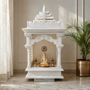 Mandir en marbre blanc sculpté à la main, traditionnel, de qualité supérieure, en Corian, unité de prière hindoue, dôme Devghar design, tiroir de rangement - Product Image 4