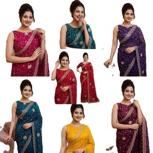Sari indien traditionnel en soie, entièrement brodé de Zari et de sequins, avec passepoil, réversible pour l'hiver et l'été, coupe ajustée, idéal pour les mariages et les occasions spéciales. - Product Image 2