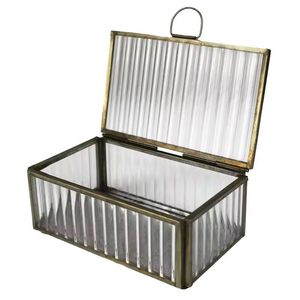 Antique Brass Fluted Glass Jewelry Box Rectangular Ribbed Glass Keepsake Casket Transparent Vanity Organizer Ring <b>Display</b> <b>Case</b> - Product Image 1