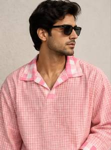 <b>Men's</b> <b>Pink</b> Gingham Check Casual <b>Shirt</b> Full Sleeve Turn-down Collar Breathable 100% Cotton Summer Hand Drawn Woven Fabric - Product Image 5