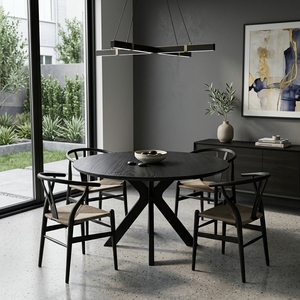 Table à manger ronde en teck massif, base en forme de croix noire mate, mobilier de cuisine moderne minimaliste, table de petit-déjeuner circulaire - Product Image 4