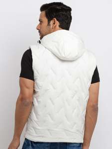 Gilet matelassé à capuche blanc pour homme, fermeture éclair, coupe-vent, vêtement d'extérieur décontracté, longueur normale, couleur unie, polyester - Product Image 4