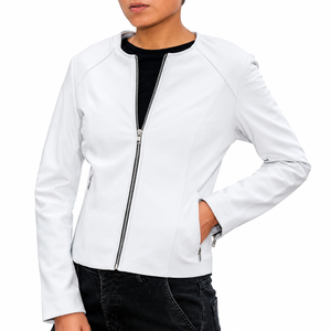 Blouson moto en peau de mouton véritable blanc pour femme, manches longues, fermeture éclair, col rond, décontracté, couleur unie, coupe classique, automne - Product Image 6
